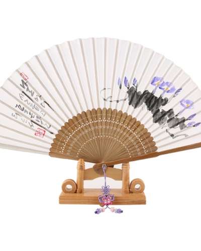 高級麻布団扇 - 良い言葉の手描き(朝顔) 紐結び+団扇入れ付き