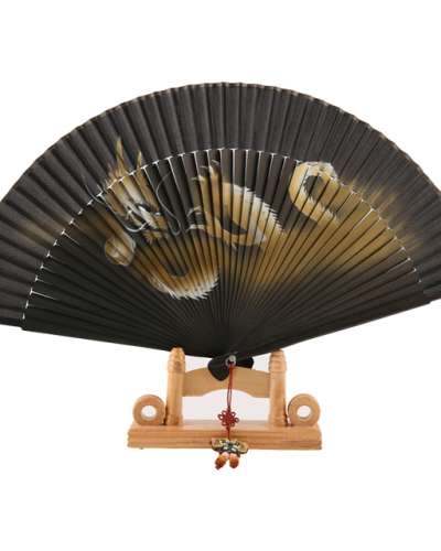 高級シルク扇 - 龍(金色)紐結び+扇ケース付き