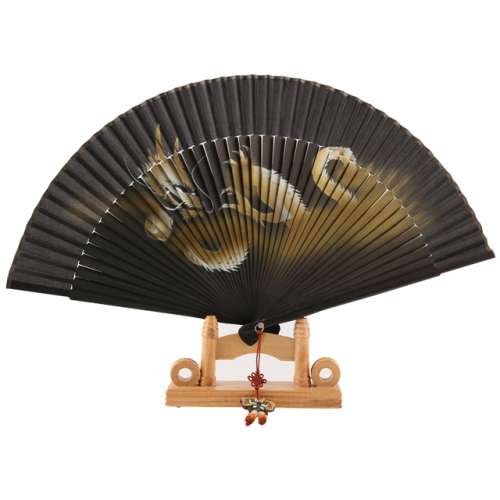 Premium Silk Fan - Dragon (Gold) with Traditional Knot and Fan Case