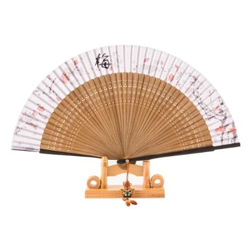 Premium Silk Fan - Plum Blossom (Beige) with Tassel and Fan Case
