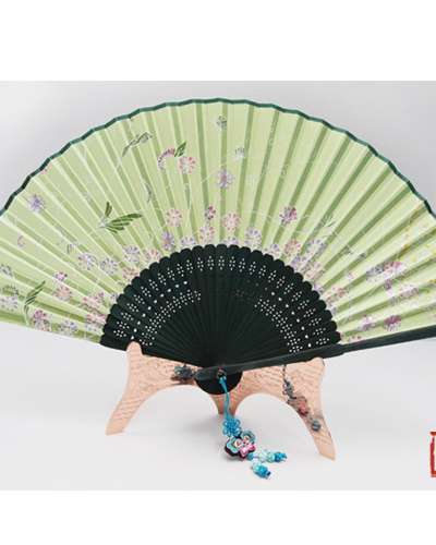 Silk Fan - Cosmos Butterfly Wing (Light Green) with Tassel and Fan Pouch