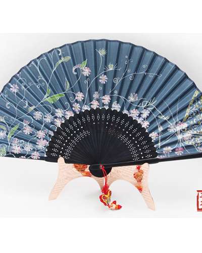 Silk Folding Fan - Cosmos Butterfly Wing (Navy) with Traditional Knot and Fan Case