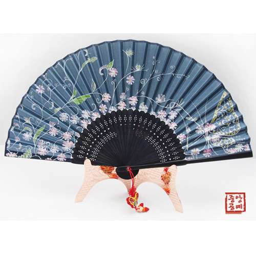 Silk Folding Fan - Cosmos Butterfly Wing (Navy) with Traditional Knot and Fan Case