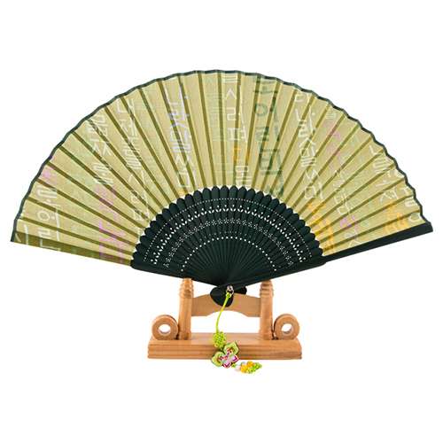 Premium Silk Hunminjeongeum Traditional Folding Fan (Green) with Tassel and Fan Case