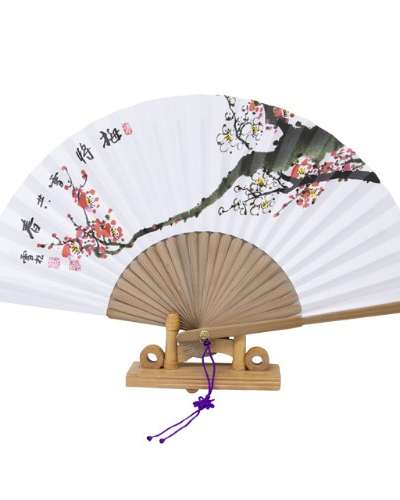 Hanji Black Bamboo Traditional Fan - Plum Blossom Medium Size