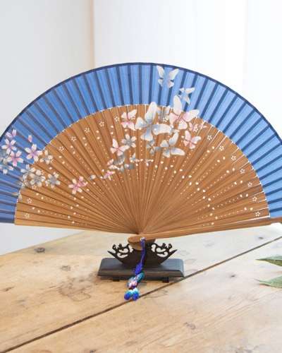 Premium Silk Flower Breeze Traditional Fan (Sky Blue) with Tassel and Fan Pouch