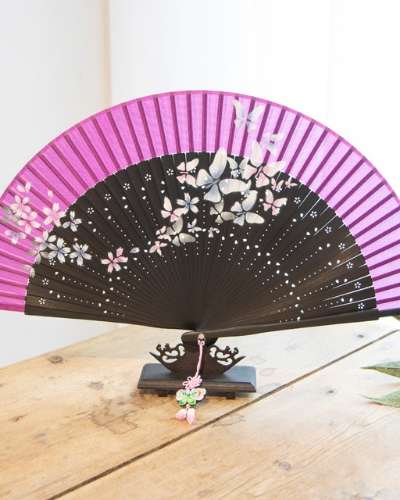 Premium Silk Flower Breeze Traditional Korean Fan (Deep Purple) with Knot Decoration and Fan Case