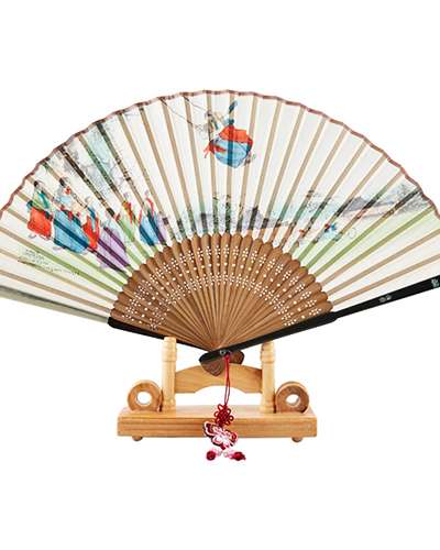 Traditional Folding Fan with Mother-of-Pearl (Swing Scene) - Includes Knot Tassel & Fan Case