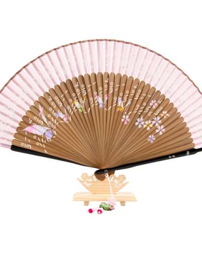 Premium Silk Mother-of-Pearl Butterfly Fan - Beige Pink with Knot Ornament and Fan Case