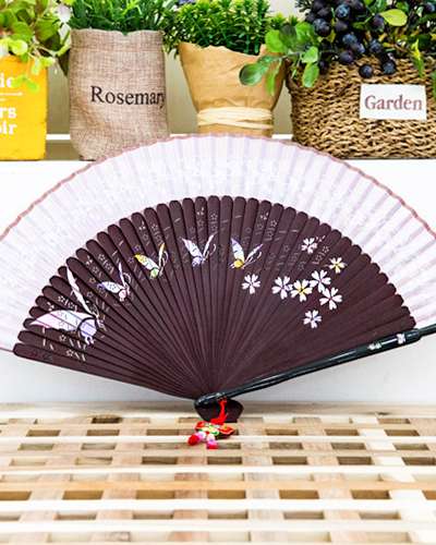 Premium Silk Mother-of-Pearl Decorated Fan - Butterfly (Brown Pink) with Tassel and Fan Case