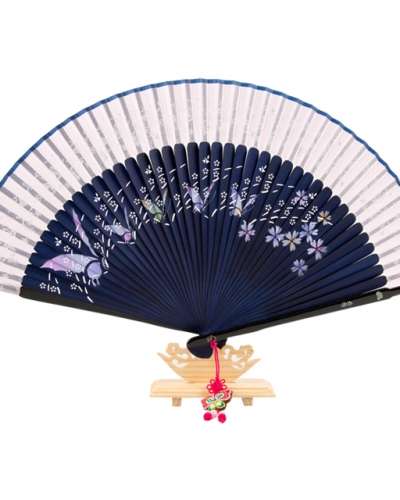 Premium Silk Inlaid Mother-of-Pearl Fan - Butterfly (Pink Purple) with Tassel and Fan Case