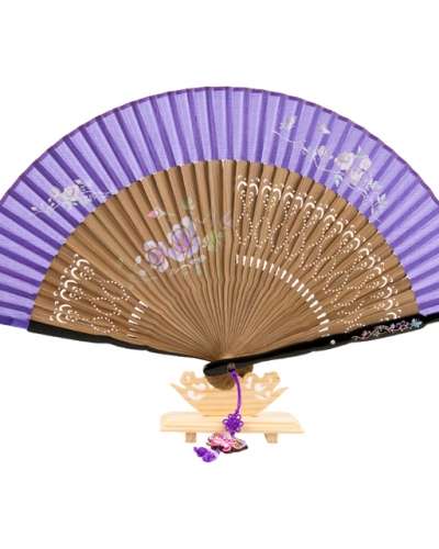 Premium Silk Mother-of-Pearl Cubic Decorated Fan - Rose (Beige Purple) with Traditional Knot and Fan Case