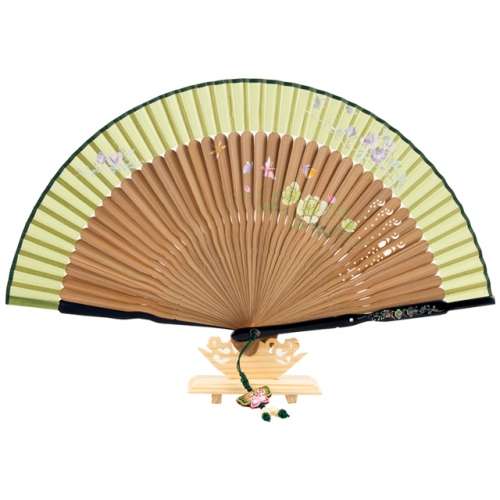 Premium Silk Mother-of-Pearl Cubic Decoration Fan - Rose (Beige & Mint Green) with Tassel & Fan Case