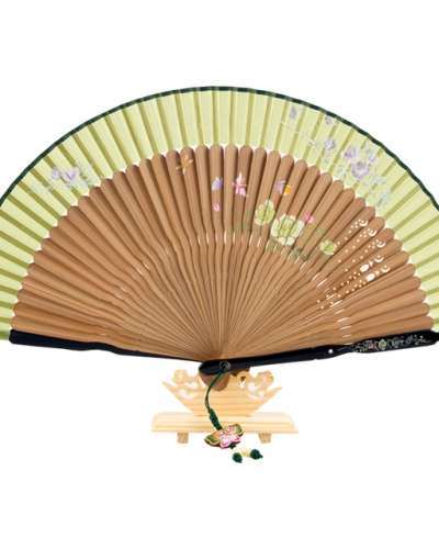 Premium Silk Mother-of-Pearl Cubic Decoration Fan - Rose (Beige & Mint Green) with Tassel & Fan Case