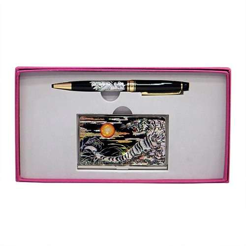 Premium Mother-of-Pearl Business Card Case + Ballpoint Pen (White Tiger)