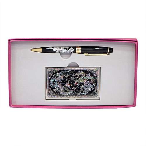 Premium Mother-of-Pearl Business Card Case + Ballpen (Twin Dragons Design)