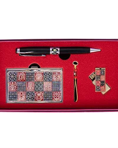 高級螺鈿名刺ケース+ボールペン+USB 16G(文様水福 赤色)
