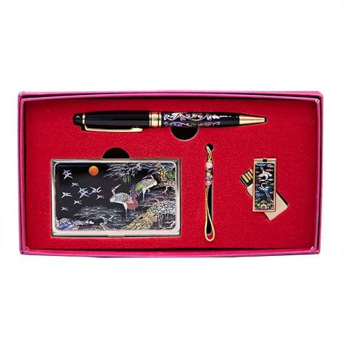 Premium Nacre Business Card Case + Ballpoint Pen + USB 16GB (Pine & Crane)