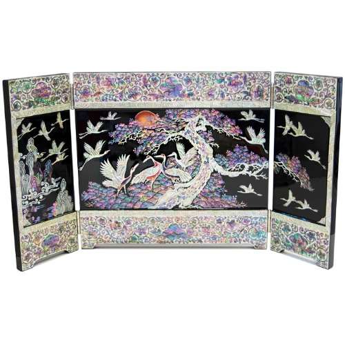 Premium Mother-of-Pearl Lacquerware Pine and Crane 3-Panel Screen - Work by Jang Tae-bok