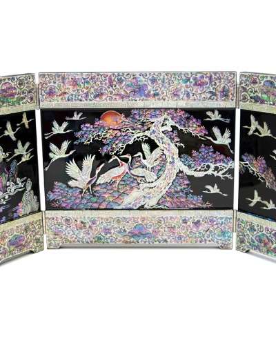 Premium Mother-of-Pearl Lacquerware Pine and Crane 3-Panel Screen - Work by Jang Tae-bok