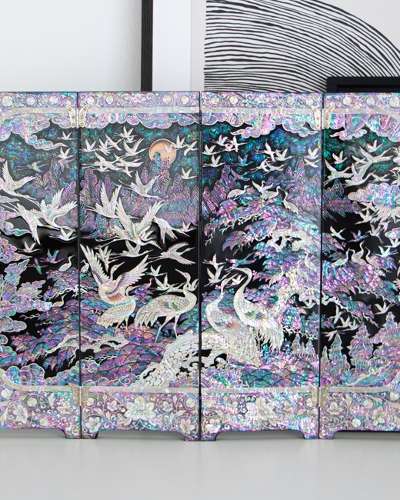 White Crane Pattern 4-Panel Double-Sided Mother-of-Pearl Lacquer Screen - by Park In-ho