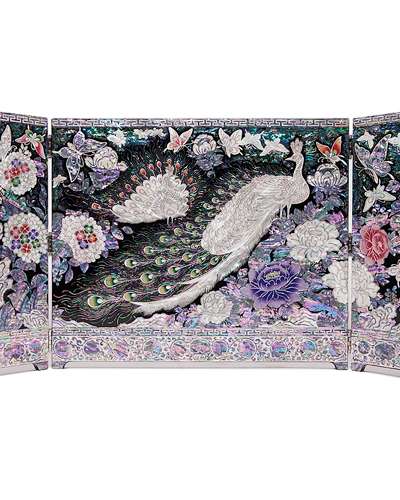 Peacock Three-Panel Double-Sided Folding Screen - Work by Park In-ho