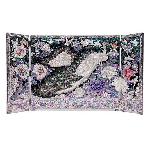 Peacock Three-Panel Double-Sided Folding Screen - Work by Park In-ho