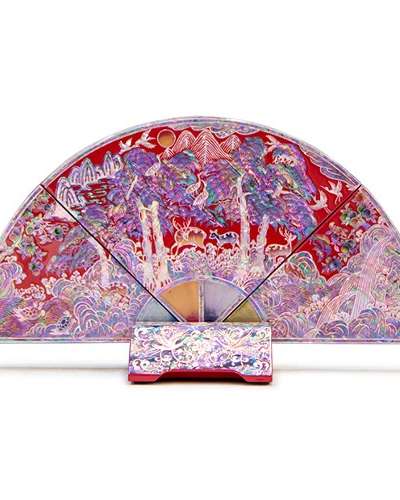高級螺鈿漆器 扇形装飾品、螺鈿屏風（小、赤）- オミョンホ作品