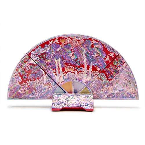 Premium Mother-of-Pearl Lacquerware Fan-Shaped Ornament, Shell Screen (Small, Red) - Oh Myung-ho's Work