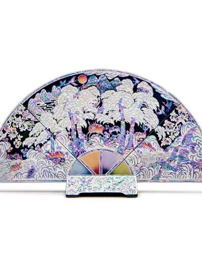 高級螺鈿漆芸扇型装飾品、貝殻屏風（中、黒）- オミョンホ作品
