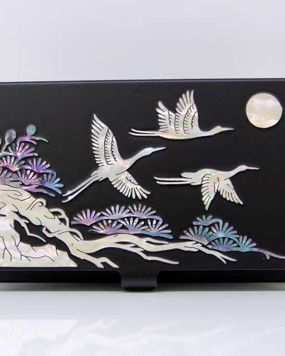 Premium Mother-of-Pearl Inlaid Business Card Case (Pine and Crane, Black)