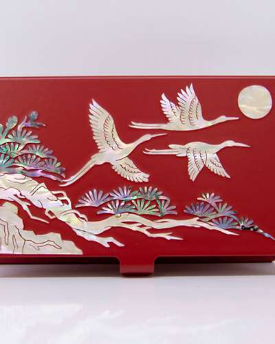Premium Mother-of-Pearl Business Card Case with Fine Inlay (Pine and Crane Red)