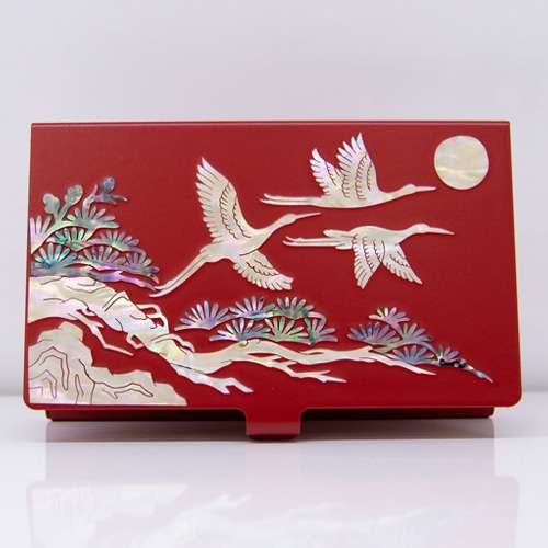 Premium Mother-of-Pearl Business Card Case with Fine Inlay (Pine and Crane Red)