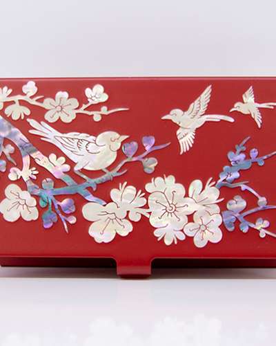 Premium Inlaid Mother-of-Pearl Cutting Business Card Case (Plum Blossom Red)