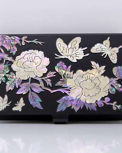 Premium Mother-of-Pearl Inlay Business Card Case (Peony Black)