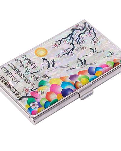 Natural Mother-of-Pearl Business Card Case (03_Plum Blossom and Crane - White)