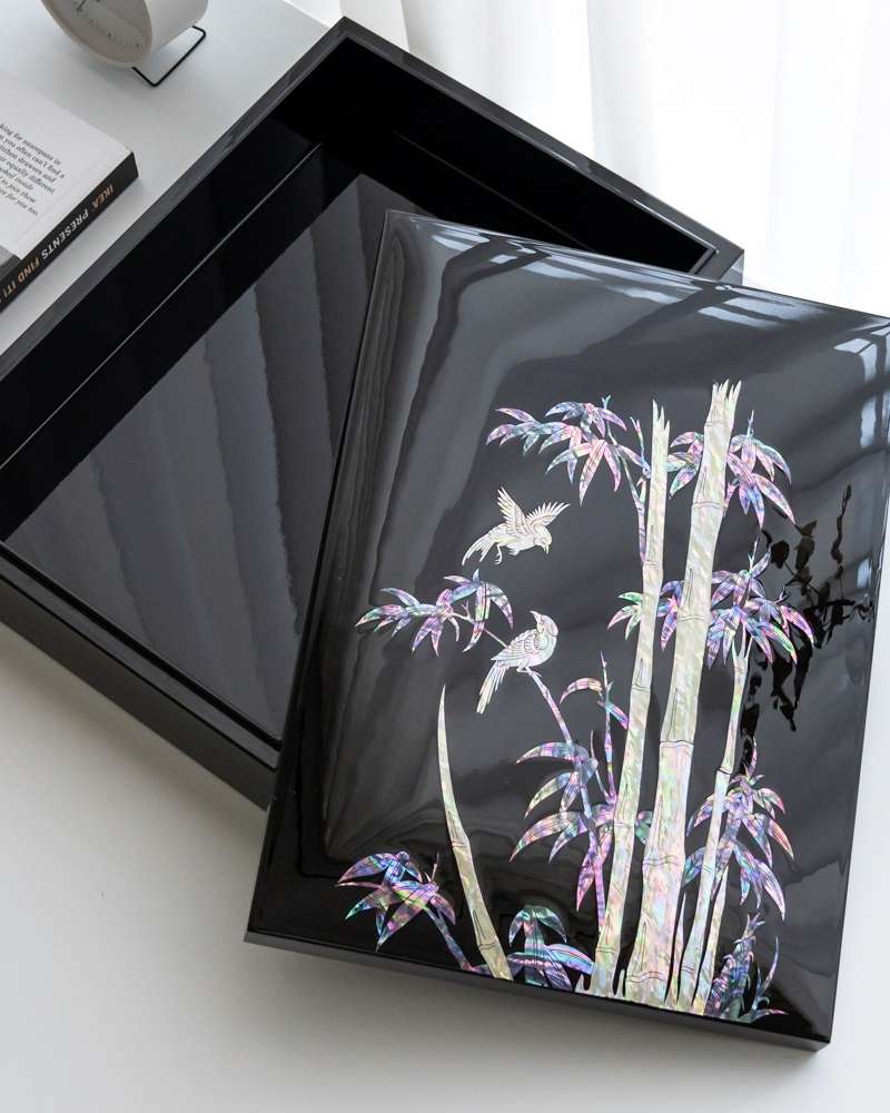 Mother-of-Pearl Lacquerware Document Box with Bamboo Pattern Glossy Black