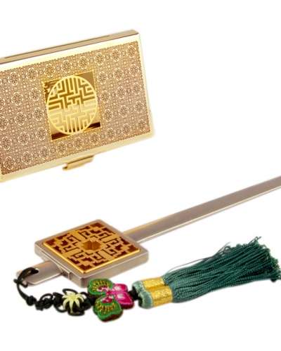 Wanja Pattern B Metal Business Card Case + Letter Opener 2-Piece Set (Red Gold)