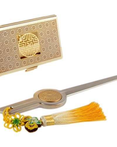 Wan-Ja-Mun B Metal Business Card Case + Letterer 2-Piece Set (Red Gold)
