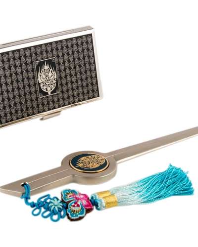 Royal Crown Design Metal Business Card Case + Letter Opener 2-Piece Set (Silver)