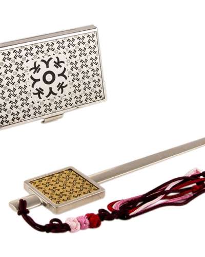 Korean Letter ㅋ Metal Business Card Case + Paper Cutter 2-Piece Set (Silver)