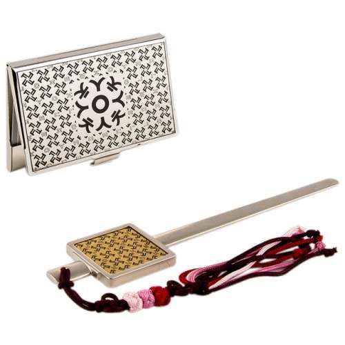 Korean Letter ㅋ Metal Business Card Case + Paper Cutter 2-Piece Set (Silver)
