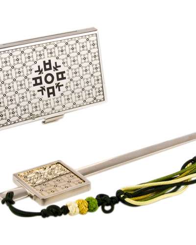 Korean Letter ㅇ Metal Business Card Case + Letter Opener 2-Piece Set (Silver)