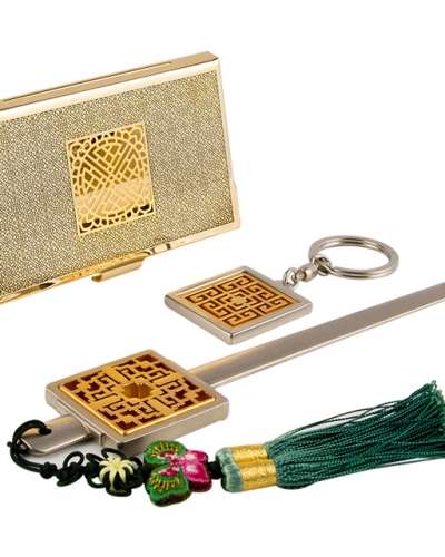 Wanja Pattern A Gold Metal Business Card Case + Keyring + Letter Opener 3-Piece Set