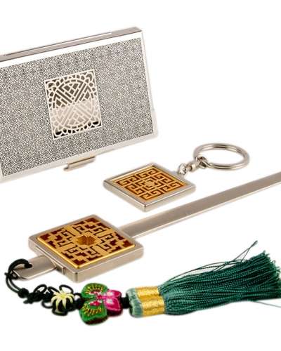 Swastika Pattern A Metal Business Card Case + Keyring + Letter Opener 3-Piece Set (Silver)