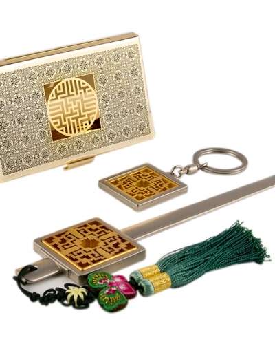 Wanja Pattern B Gold Metal Business Card Case + Keyring + Letter Opener 3-Piece Set
