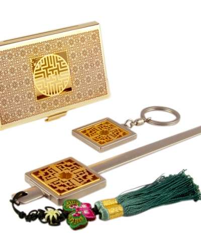 Wanzamun B Metal Business Card Case + Keyring + Letter Opener 3-Piece Set (Red Gold)