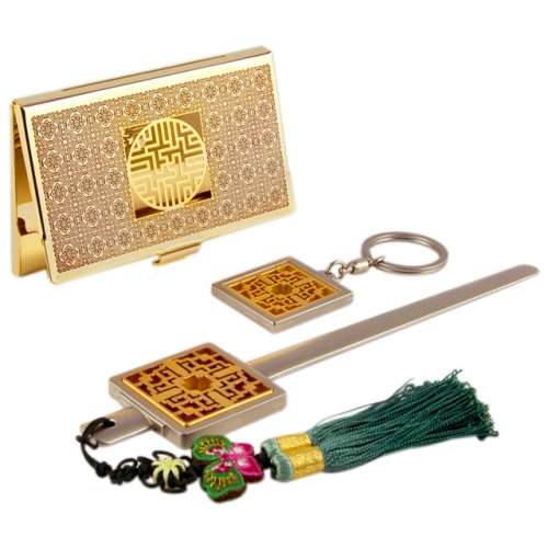 Wanzamun B Metal Business Card Case + Keyring + Letter Opener 3-Piece Set (Red Gold)