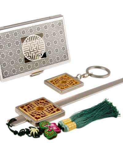 Wanja Pattern B Metal Business Card Case + Keyring + Letter Opener 3-Piece Set (Silver)