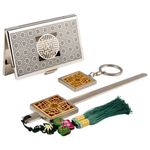 Wanja Pattern B Metal Business Card Case + Keyring + Letter Opener 3-Piece Set (Silver)